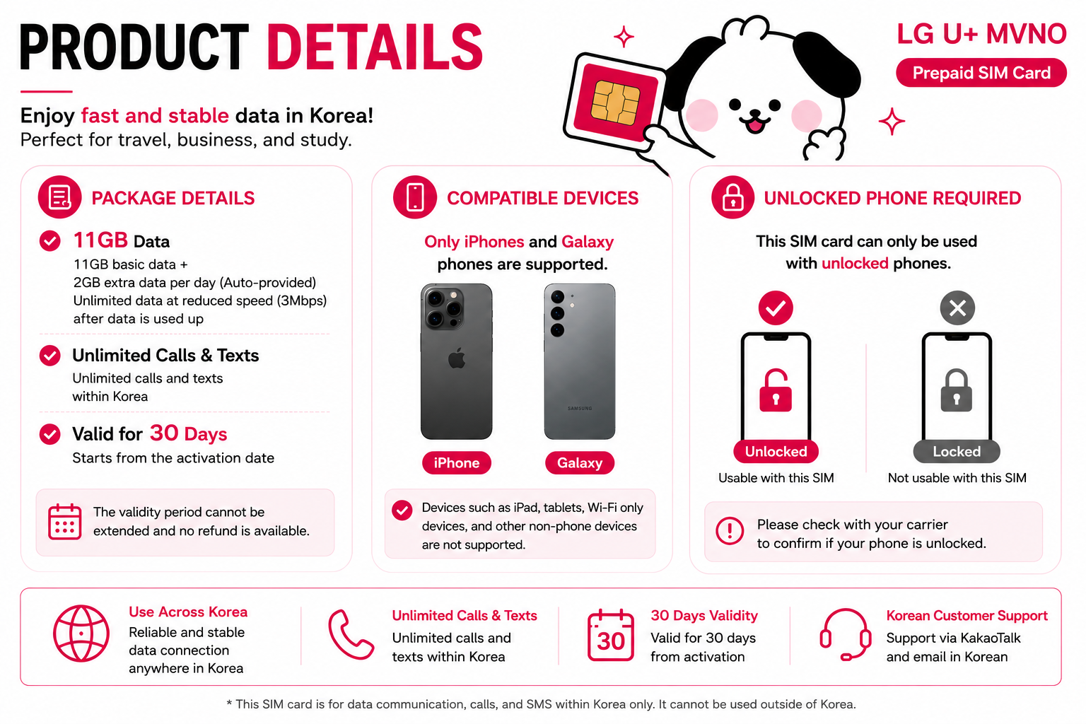 Korea Unlimited Data SIM Card | 30 Days | Calls & SMS Included